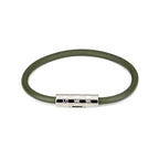 Gucci leather bracelet in olive green with silver logo bar centerpiece and studs