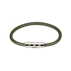 Gucci leather bracelet in olive green with silver logo bar and dark inlay