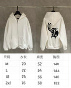 Hoodie size chart showing M–2XL with length, sleeve width, and chest
