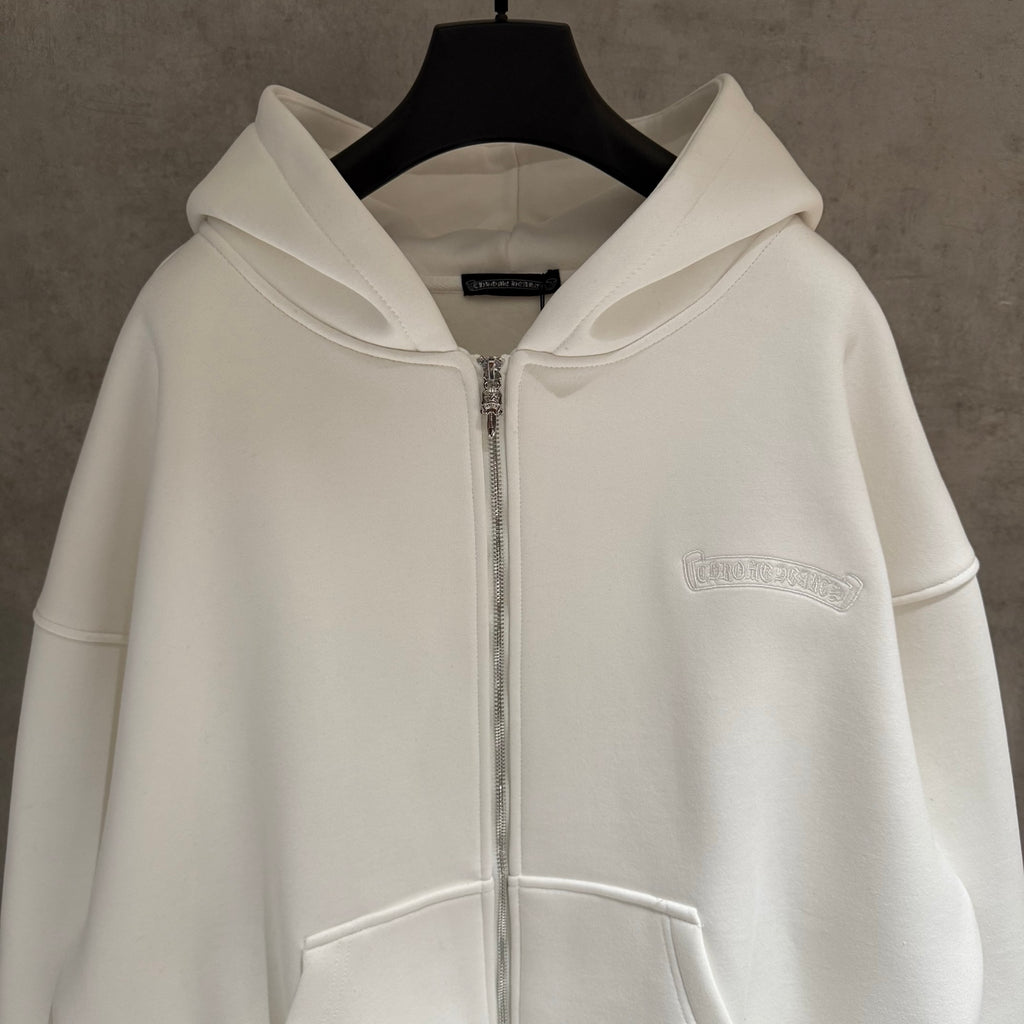 White zip-up hoodie with hood and front silver zipper