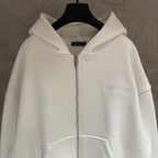 White zip-up hoodie with hood and front silver zipper