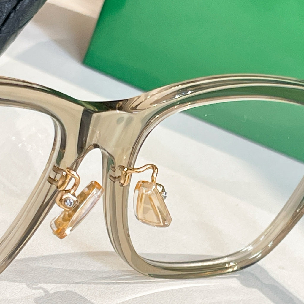 Clear eyeglasses with gold bridge hardware and side hinge detail
