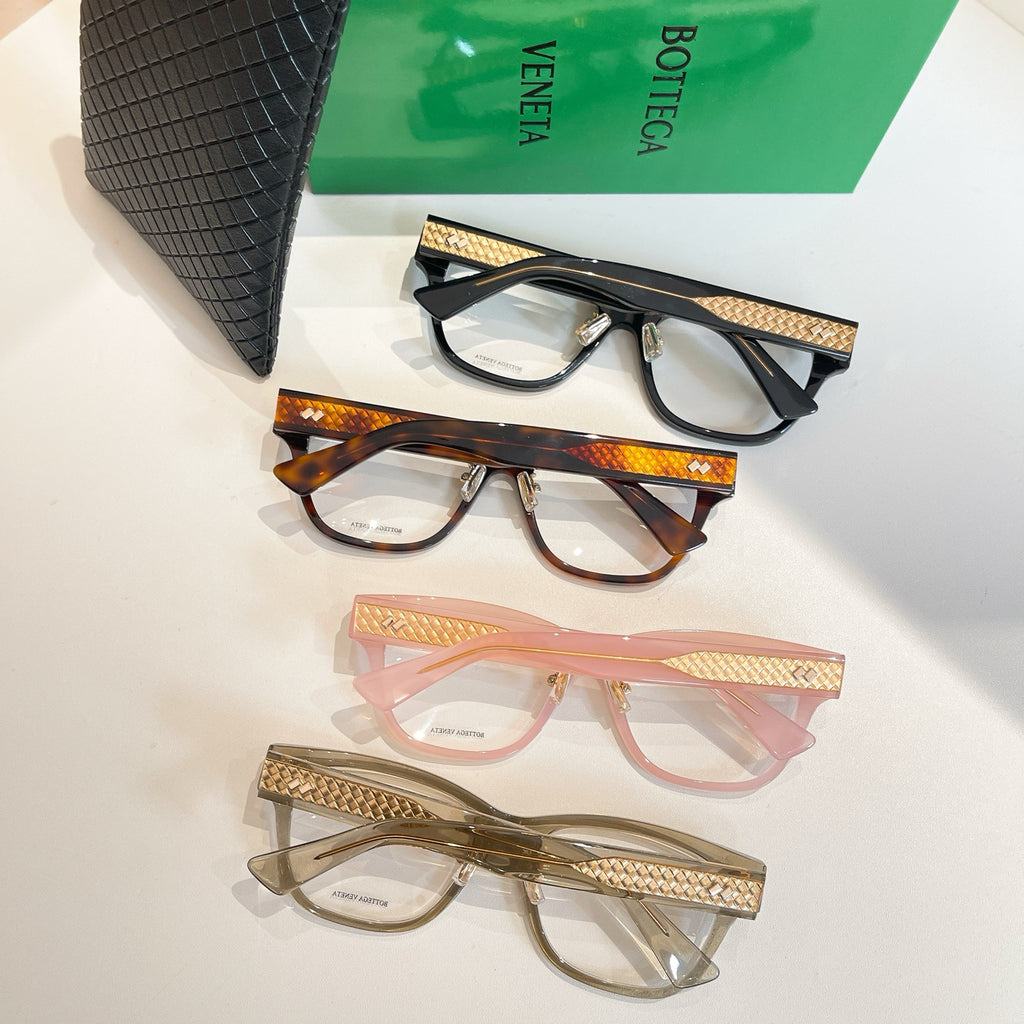 Bottega Veneta eyeglasses set in black, tortoiseshell, pink, and clear frames