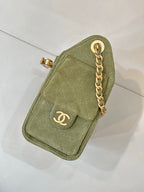 Chanel mini bag in olive green with gold chain and front flap with CC emblem