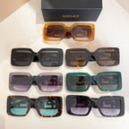 Assorted square sunglasses with gold Versace logo temples in multiple frame colors.