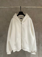 Balenciaga long hoodie, white zip-front with hood and kangaroo pockets