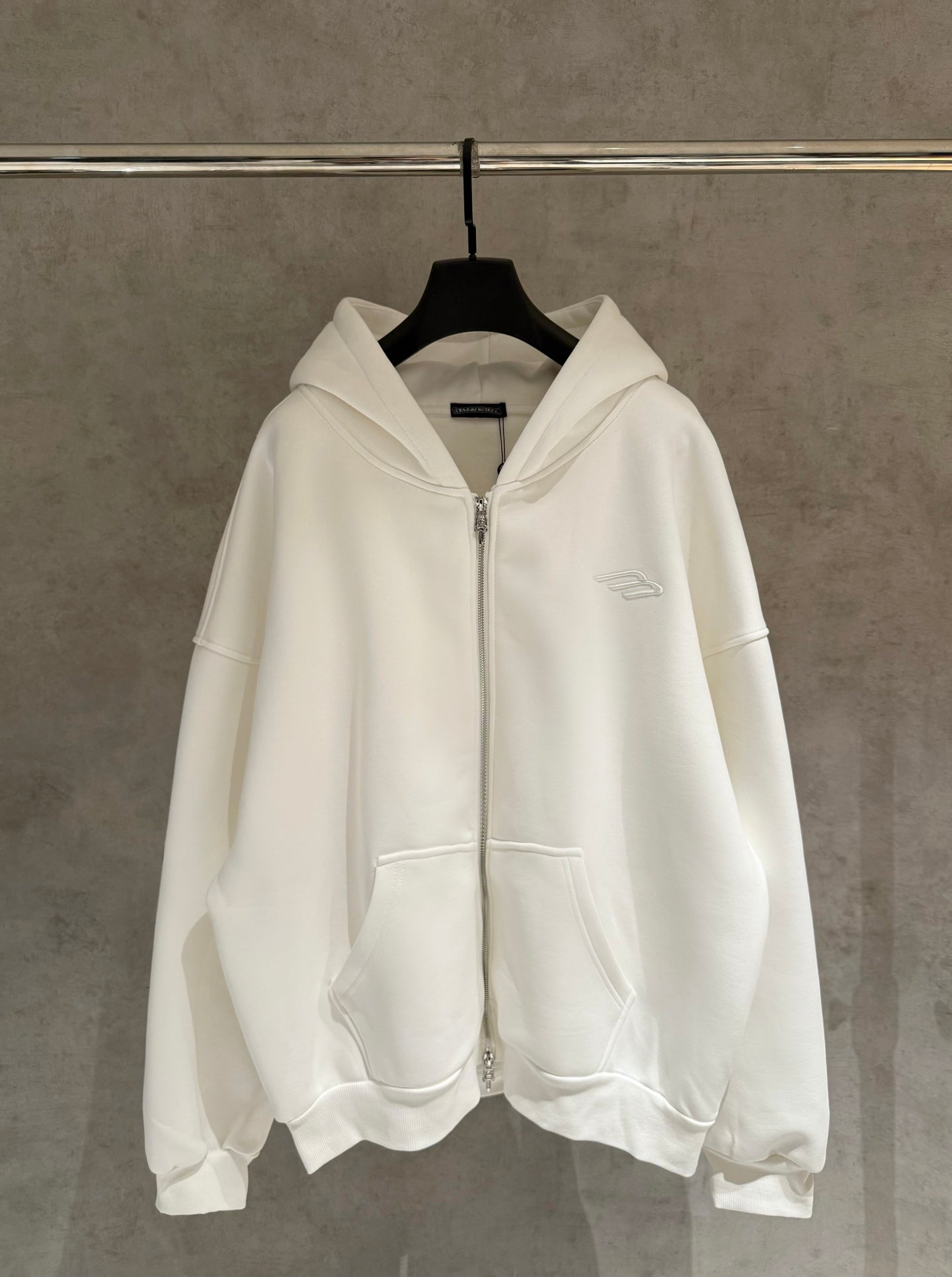Balenciaga long hoodie, white zip-front with hood and kangaroo pockets