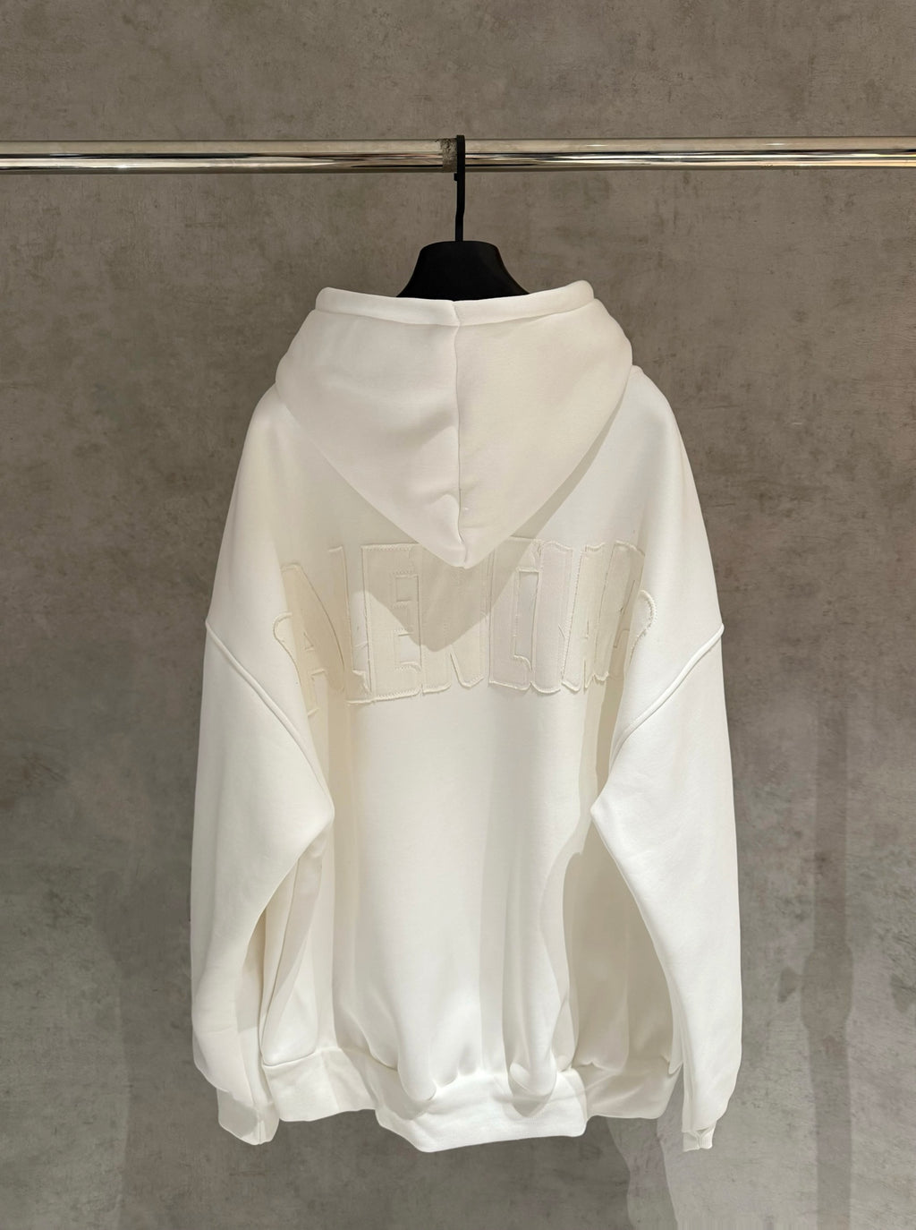 Balenciaga long hoodie, white back with hood, drawstring, and embossed logo