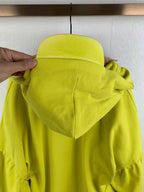 Lime green hooded zip jacket back view with drawstring hood detail