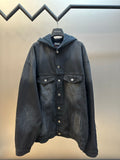Dark blue hooded denim jacket with front button placket and flap chest pockets