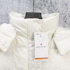 White puffer jacket with hoodless stand collar and snap button placket