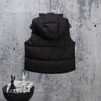 Black hooded puffer vest with front pockets and zip
