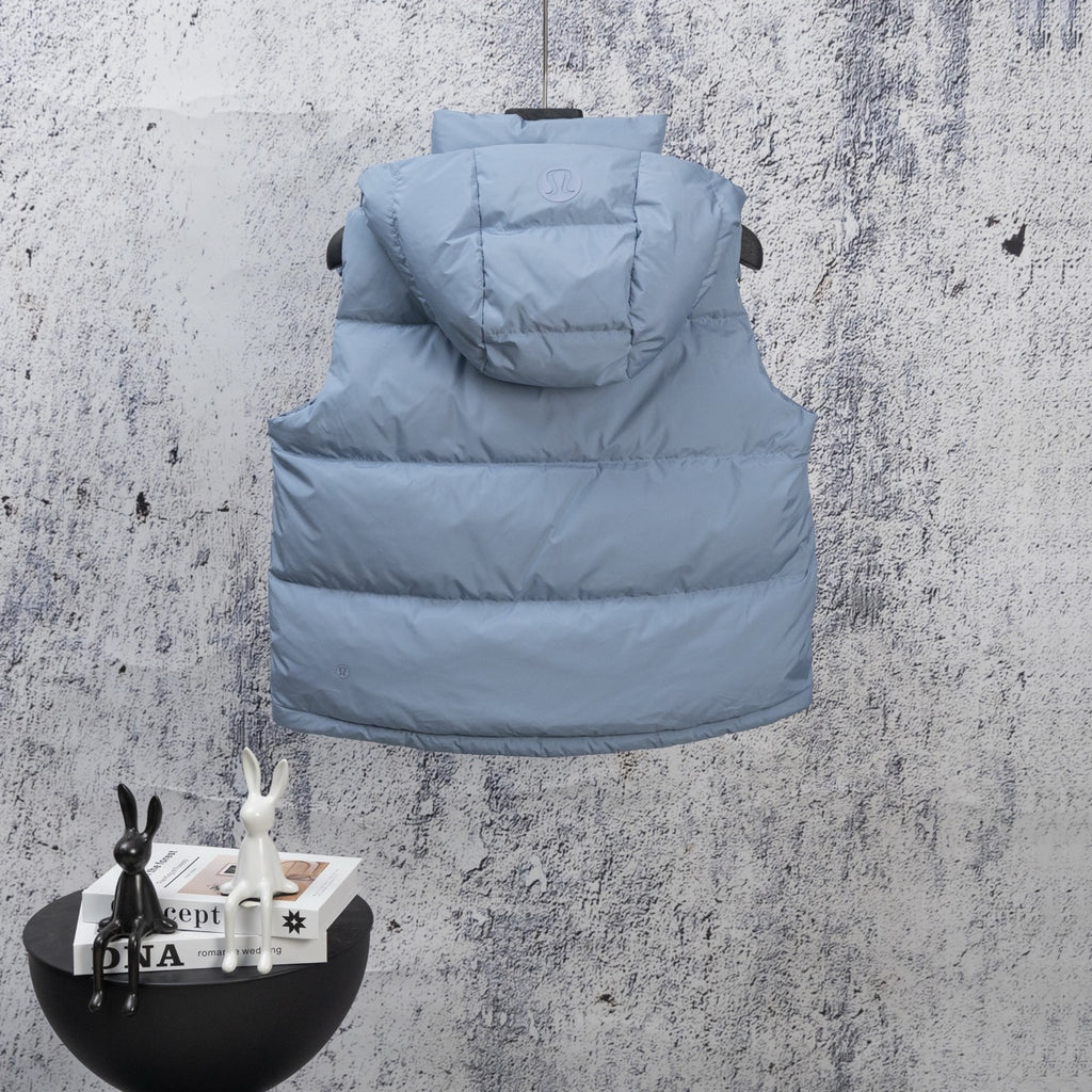 Light blue hooded puffer vest on hanger, sleeveless with front zipper