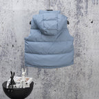 Light blue hooded puffer vest on hanger, sleeveless with front zipper