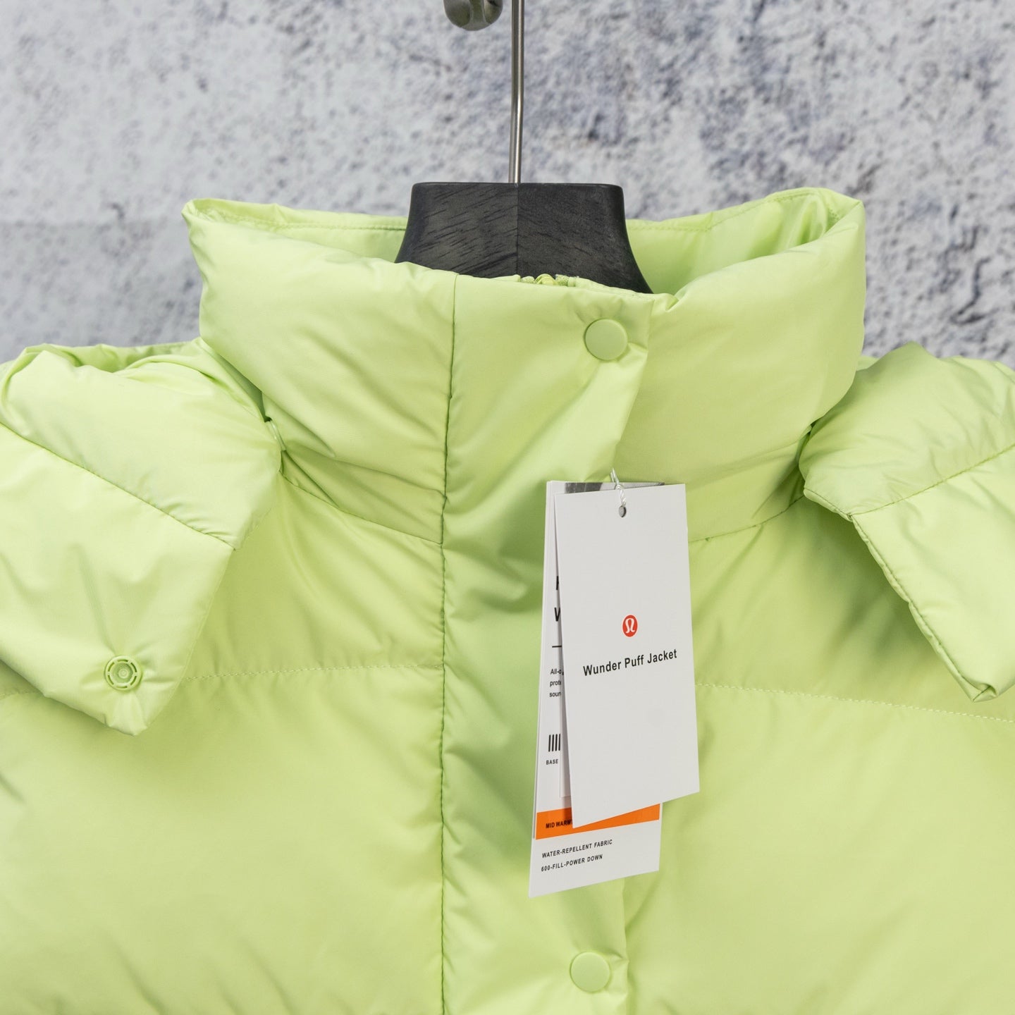 Ralph Lauren lime green puffer vest front with snap buttons and hanger tag