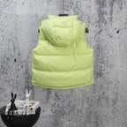Lime green hooded puffer vest, sleeveless design with zipper front and logo badge