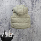 Light green sleeveless puffer vest with hood and front pockets