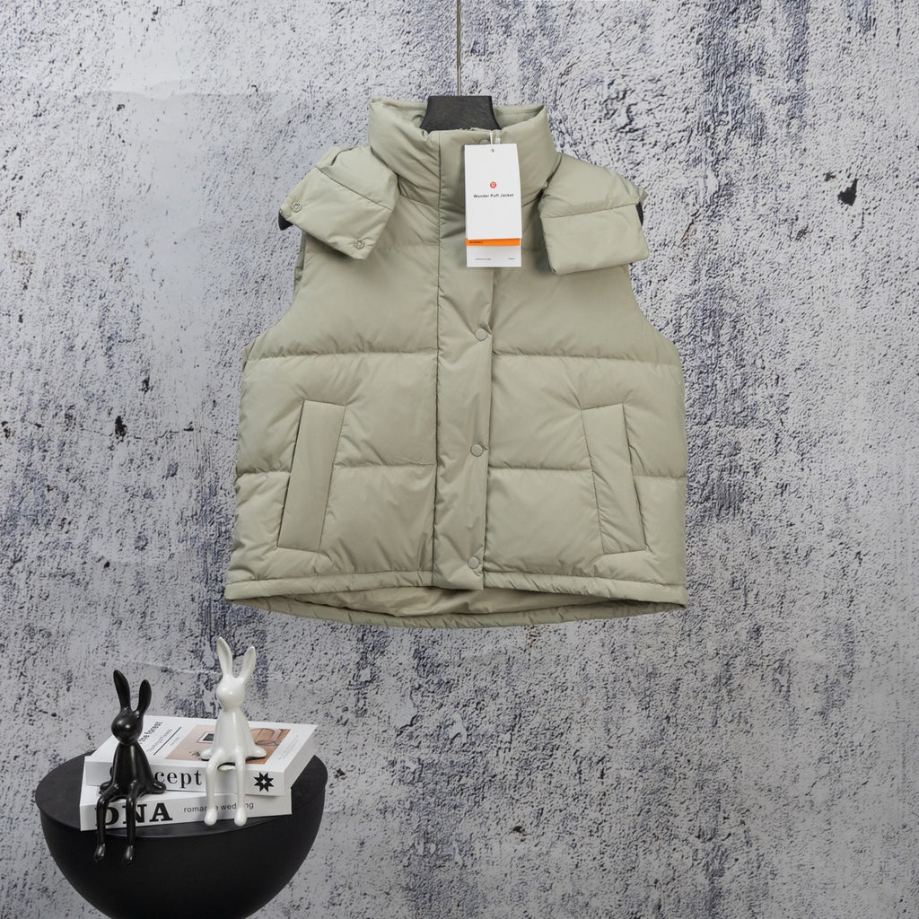 Light sage puffer vest jacket with full-length front zipper and side pockets