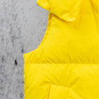 Yellow sleeveless puffer vest with hood and rounded collar