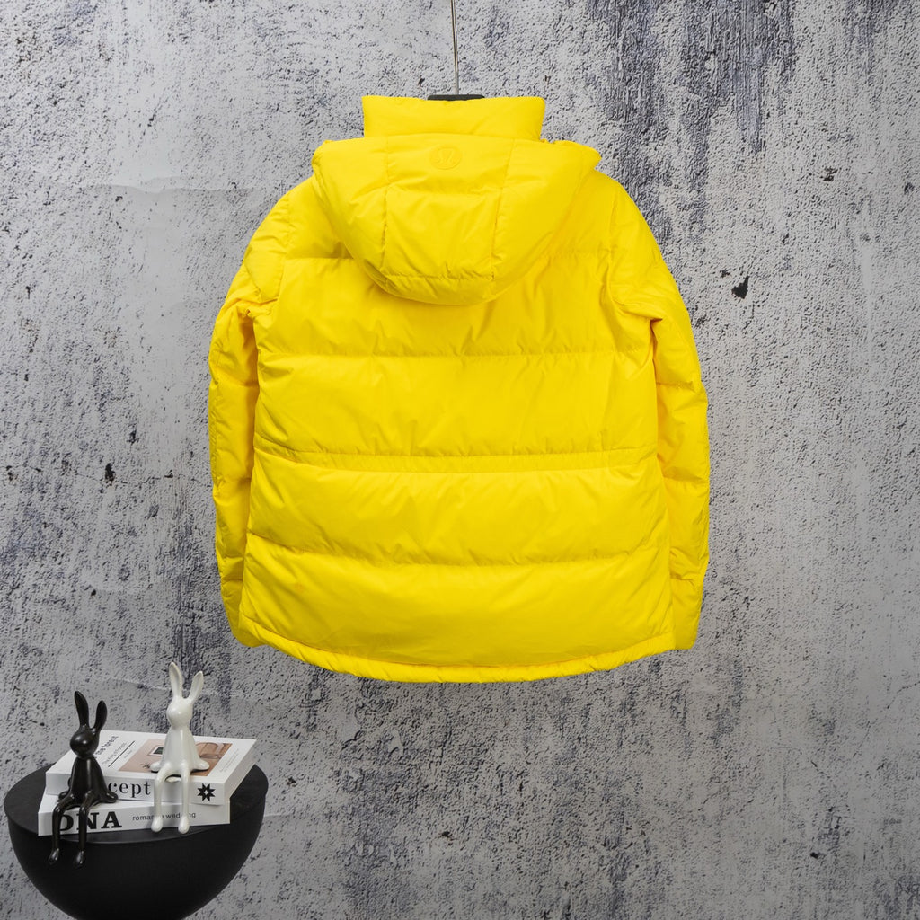 Yellow puffer jacket, hooded back view on hanger