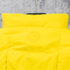 Yellow puffer jacket hood with small embossed logo