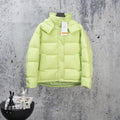 Lime green puffer jacket with stand collar and full-length zipper