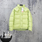 Lime green puffer jacket with stand collar and full-length zipper