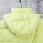 Light green hooded puffer jacket back with raised logo