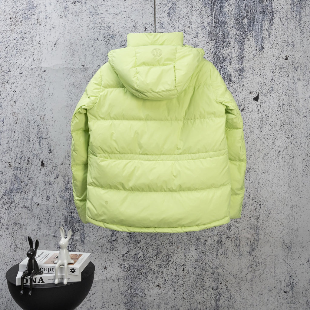 Lime green puffer jacket with hooded back and horizontal quilted panels