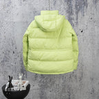 Lime green puffer jacket with hooded back and horizontal quilted panels
