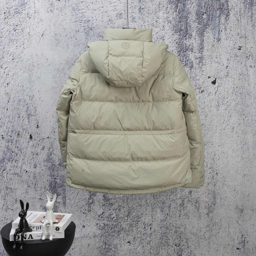 Light olive puffer jacket with attached hood and horizontal quilted panels
