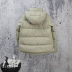 Light olive puffer jacket with attached hood and horizontal quilted panels