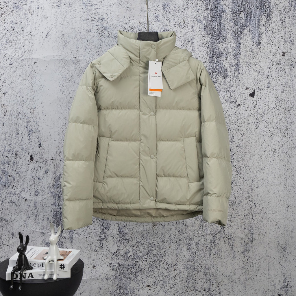 Light olive puffer jacket with hood, button front, and two chest pockets