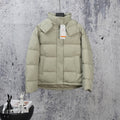 Light olive puffer jacket with hood, button front, and two chest pockets