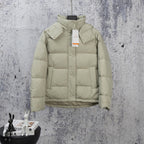 Light olive puffer jacket with hood, button front, and two chest pockets