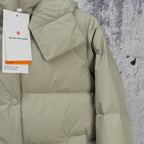 Light olive puffer jacket with high neck, front button, and hanging product tag