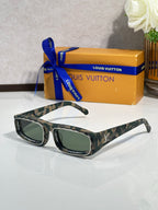 Camo-pattern rectangular eyeglasses with dark lenses and curved temples