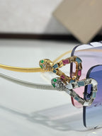Bvlgari sunglasses close-up: gem-encrusted temple with multicolor colored stones