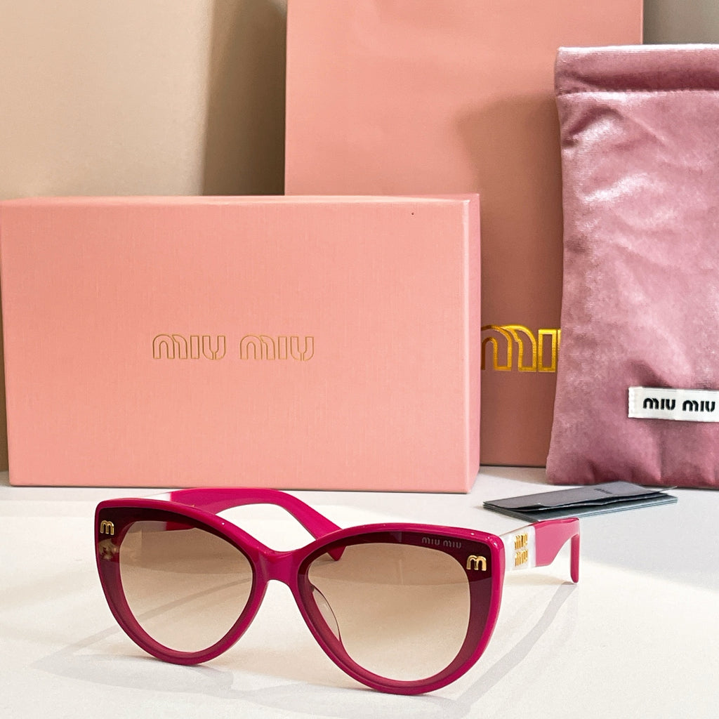 MiuMiu cat-eye sunglasses with magenta frames and light-tinted lenses.