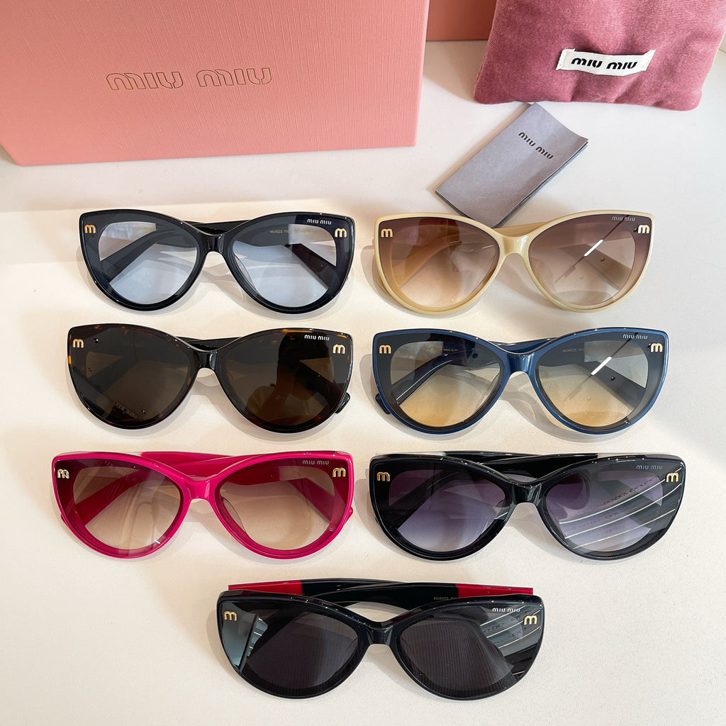 MiuMiu sunglasses assortment with six cat-eye frames in black, blue, tan, pink.