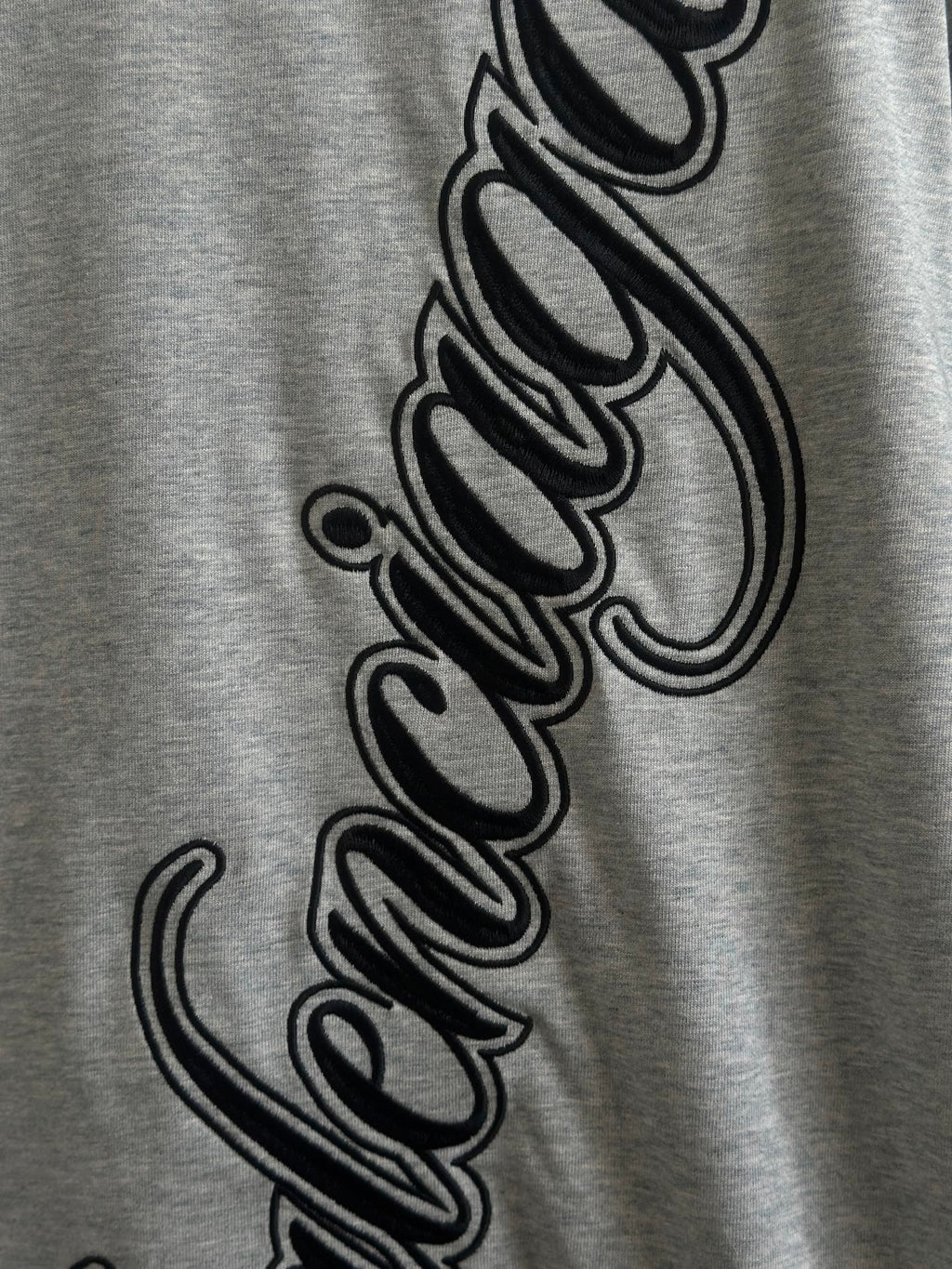 Gray T-shirt close-up of Balenciaga script logo print on front