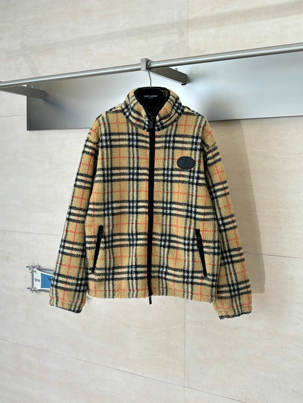 Burberry plaid zip-up jacket with stand collar and long sleeves