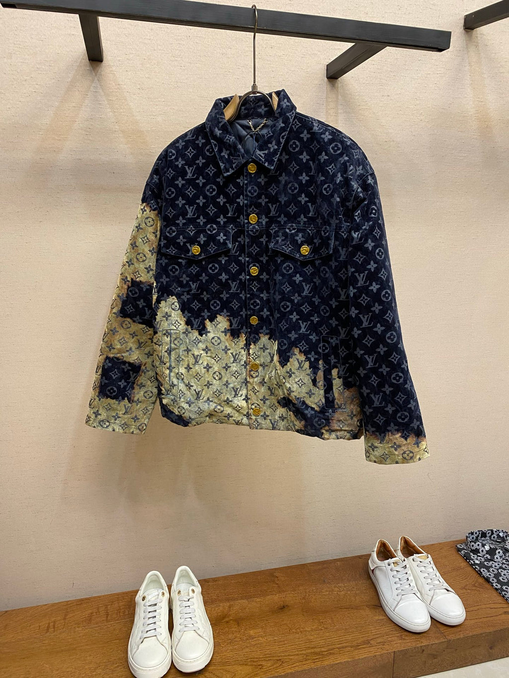 Navy Louis Vuitton monogram jacket with light green patchwork and gold buttons
