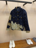 Navy Louis Vuitton monogram jacket with light green patchwork and gold buttons