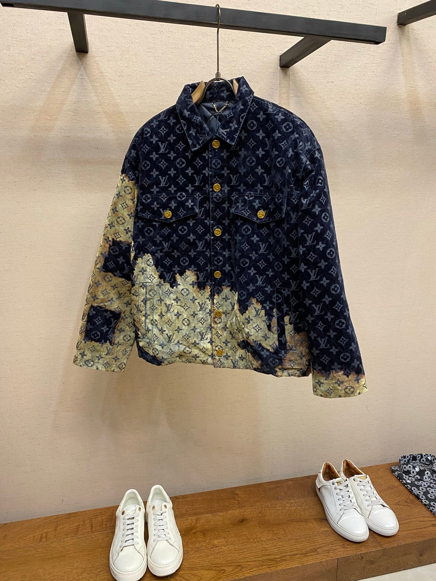 Navy Louis Vuitton monogram jacket with light green patchwork and gold buttons