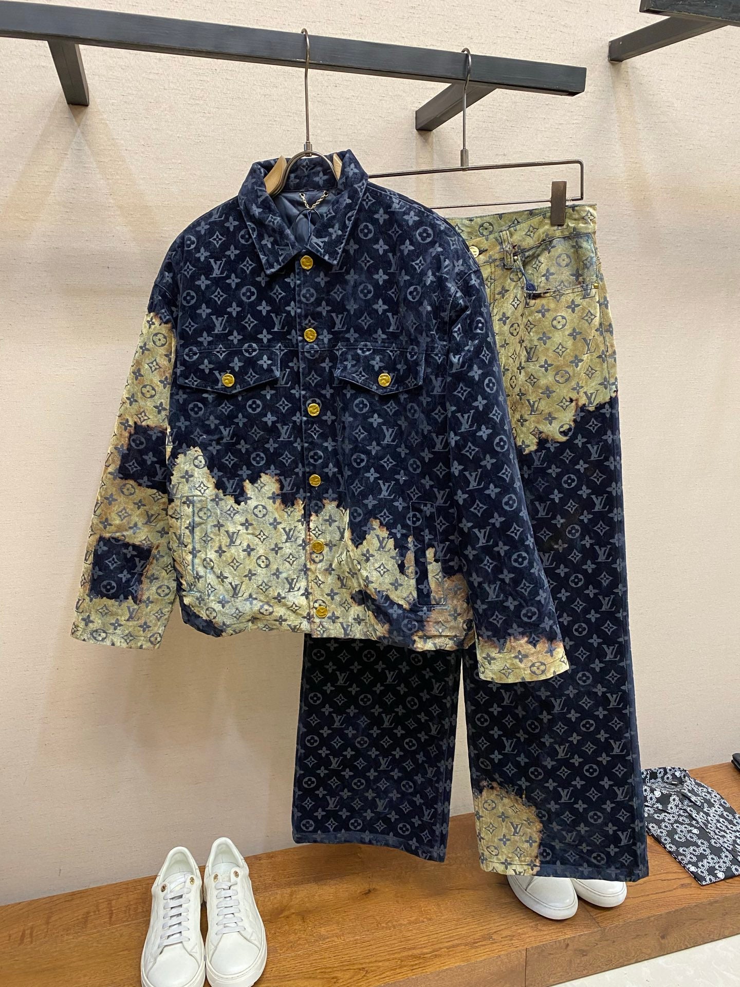 Louis Vuitton monogram jacket with light green patchwork and matching pants