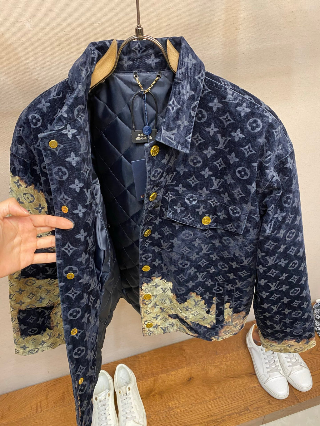 Louis Vuitton monogram long jacket with light green patchwork and quilted lining