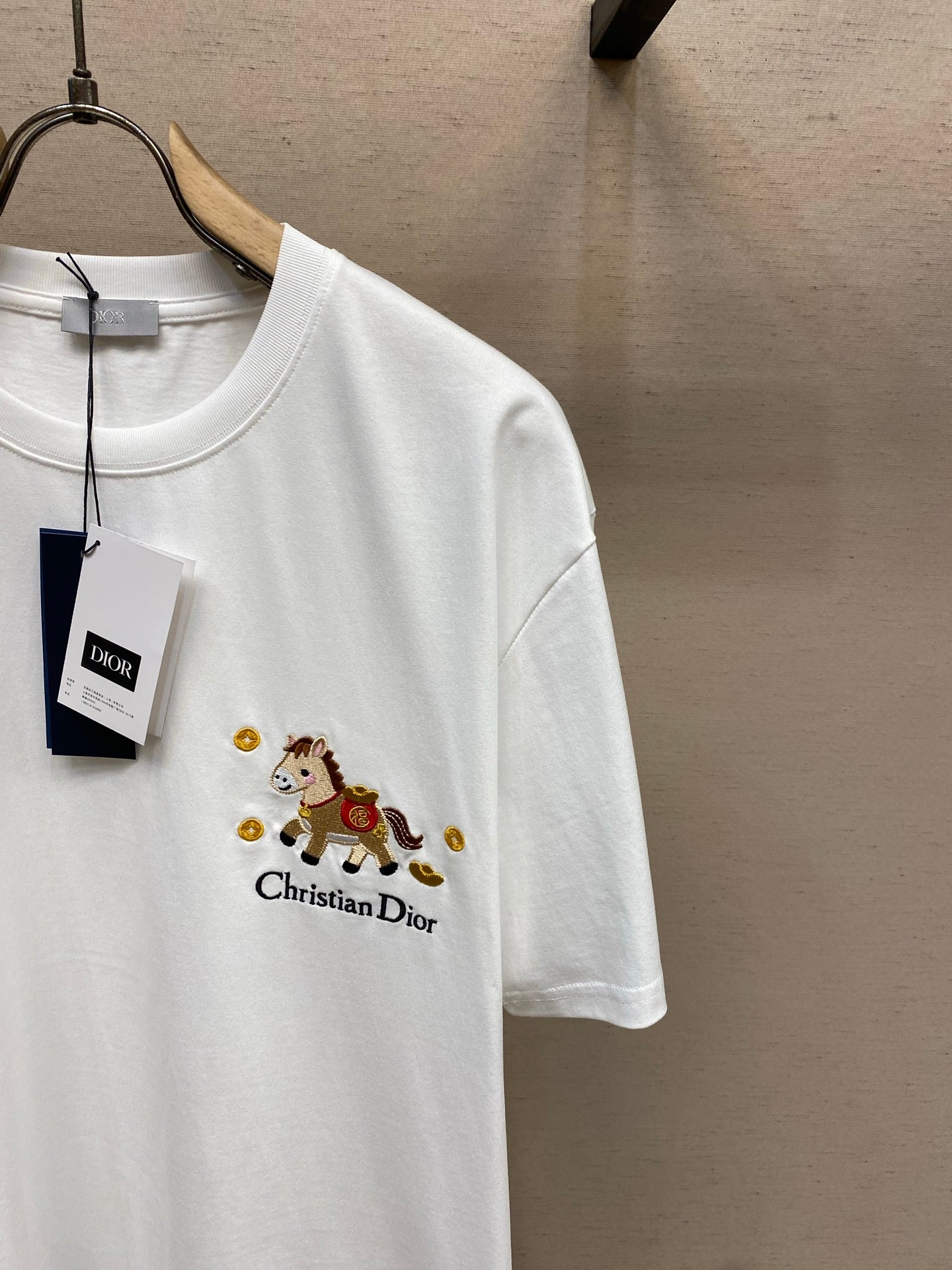 White Christian Dior T-shirt with embroidered teddy graphic and logo