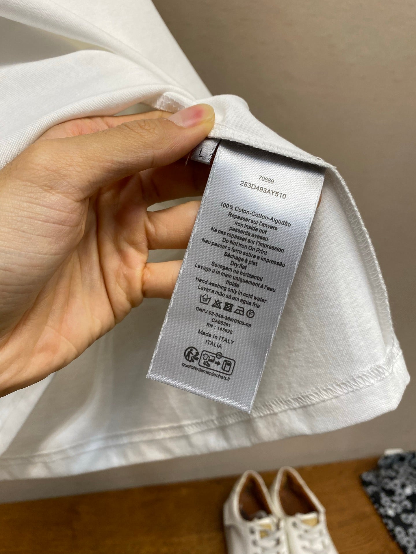 White Christian Dior T-shirt with size label on inner collar seam