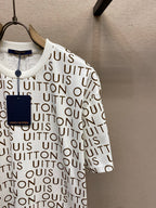 Louis Vuitton logo T-shirt with navy hang tag, white with brown monogram print